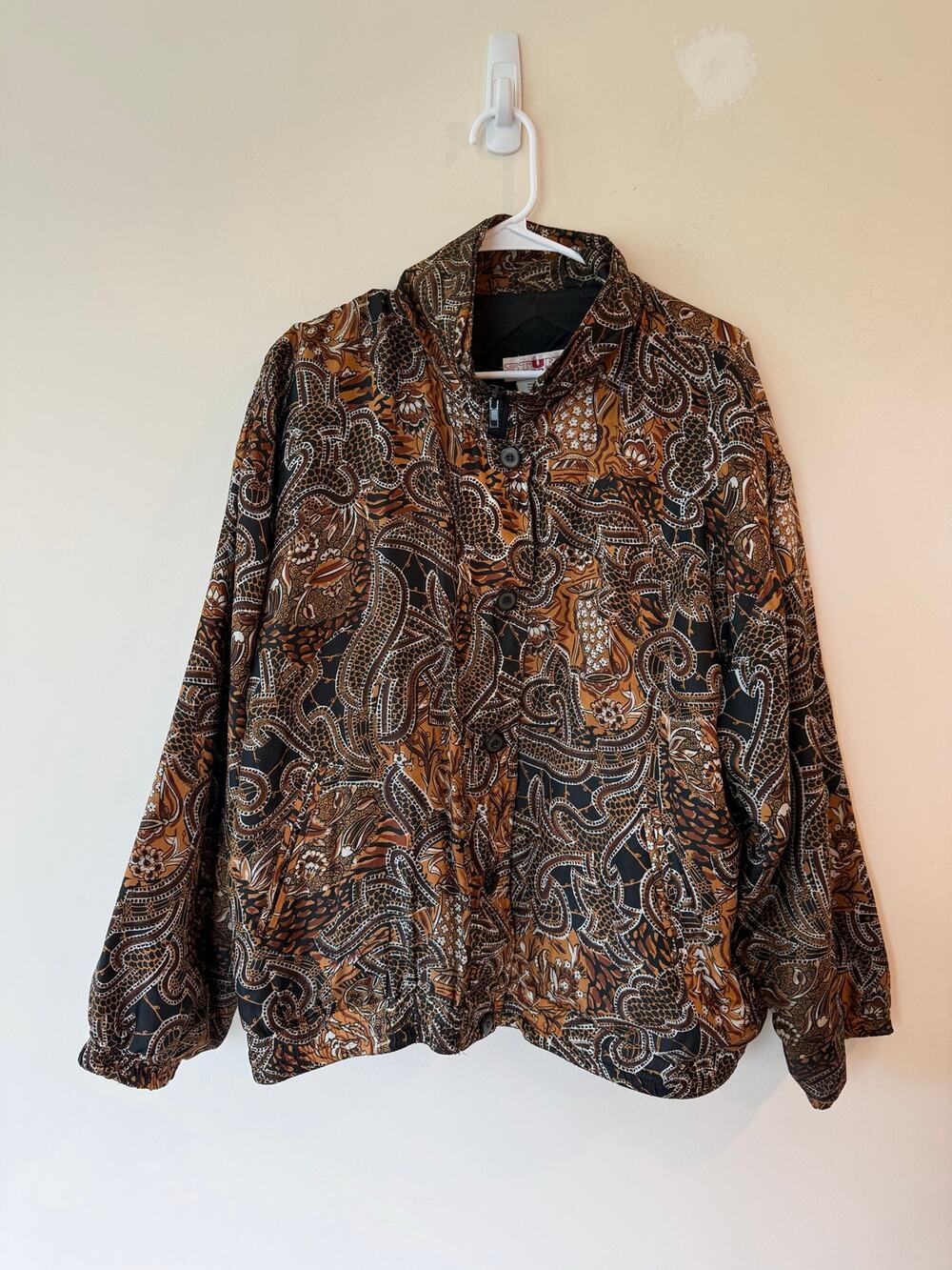 Vintage 90s Stunt Sports Silk Bomber Jacket Women XL Brown Paisley Retro